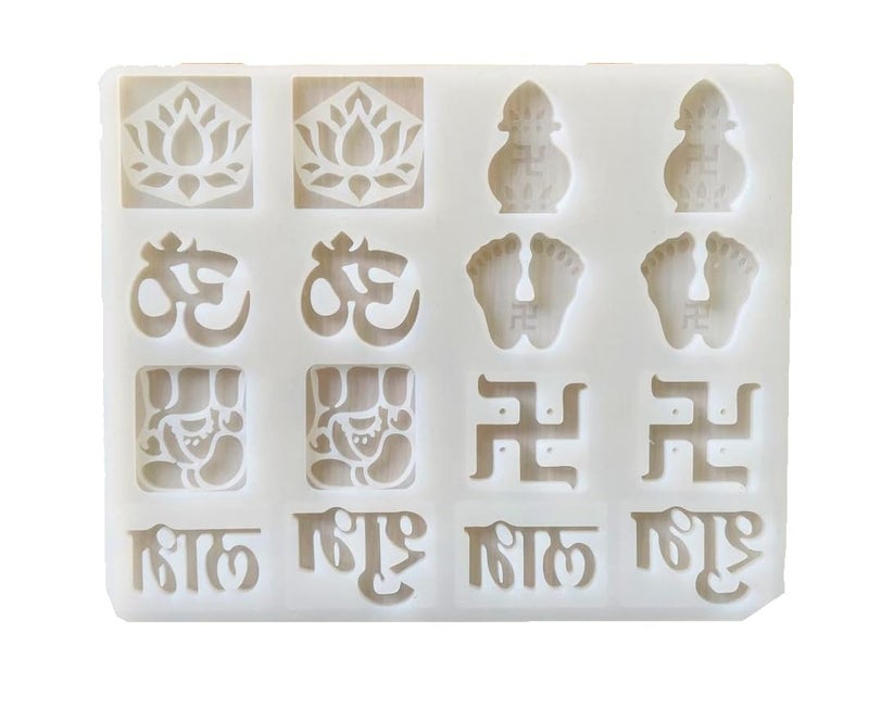 SNOOGG Offers Heavy Duty Silicone Molds Designed for Hindu Festivities with 16 Cavities That Include Vital Symbols Such as Shubh Labh Swastik Kalash Lakshmis feet OM and Lotus - Image 1