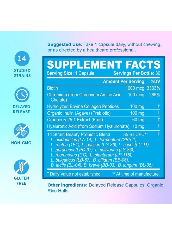 BioEmblem Beauty Probiotics for Women, 35 Billion CFU 14 Strains with Biotin, Collagen, Prebiotics for Digestive Health, Hair Skin and Nails, Vaginal Probiotics Supplement, Shelf Stable, 30 Caps - Image 3