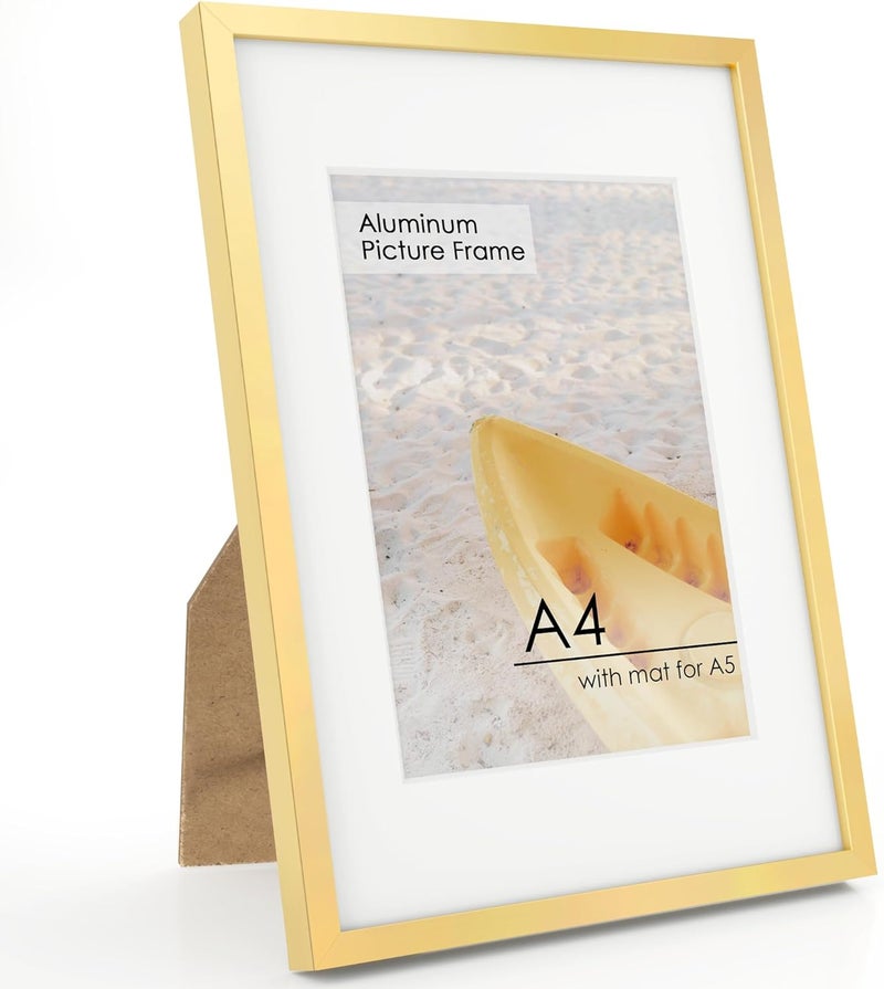 FLYJOE A4 Picture Frame Gold - High-End Metal 8.3 x 11.7 Frame Aluminum Frame for Wall, Photo Frame with Mat for A5, 8.25 x 11.75 Poster Frame, Certificate Frame with Glass, Wall Kit, Gold - Image 1