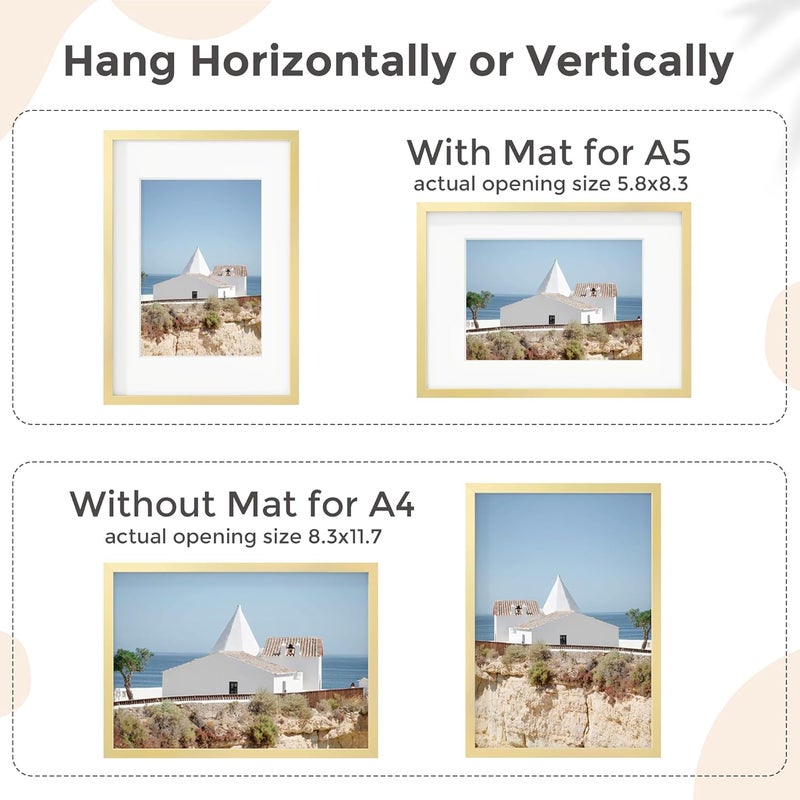 FLYJOE A4 Picture Frame Gold - High-End Metal 8.3 x 11.7 Frame Aluminum Frame for Wall, Photo Frame with Mat for A5, 8.25 x 11.75 Poster Frame, Certificate Frame with Glass, Wall Kit, Gold - Image 4