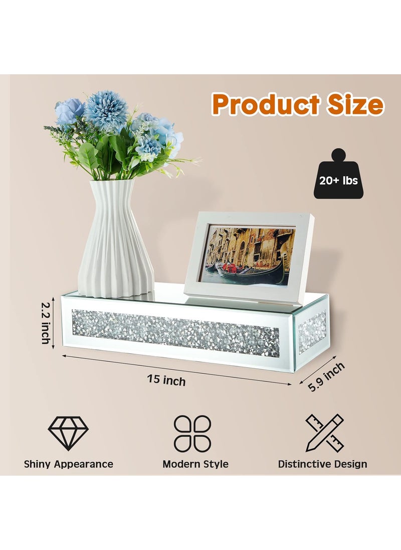 Reginary 2 Pieces Mirrored Floating Wall Shelf Crushed Diamond Crystals Wall Rack Silver Glass Shelves Decorative Hanging Mirror Shelf Display Ledge of Trophy and Photo Frame for Home Bathroom Living Room  - Image 3