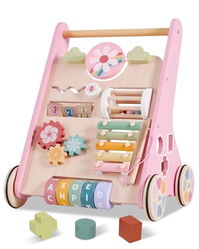 Takeeyce Wooden Baby Walker with Wheels Adjustable Speed Baby Push Walker Montessori Walking Toys for Girls Boys Push and Pull Learning with Baby Activity Center Christmas Birthday Gifts for Toddler - Image 1
