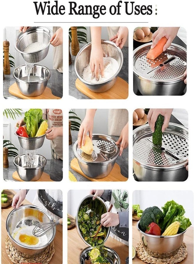 LEKORED 3Pcs Stainless Steel Kitchen Colanders 2 in 1 Fruit and Vegetable Julienne Strainer Bowl Set Fine Mesh Shredding Sink Drain Basin Basket for Fruits Vegetables Rice Washing Mixing - Image 3