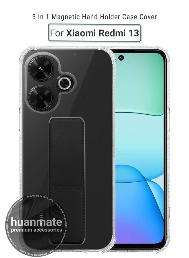 هووانميت حافظة لهاتف شاومي ريدمي 13، حافظة مغناطيسية ممتازة مع حامل مقبض يدوي ومسند - غطاء أنيق وعملي لقبضة معززة وراحة مطلقة وتجربة مشاهدة بدون استخدام اليدين - شفاف/أسود - Image 1