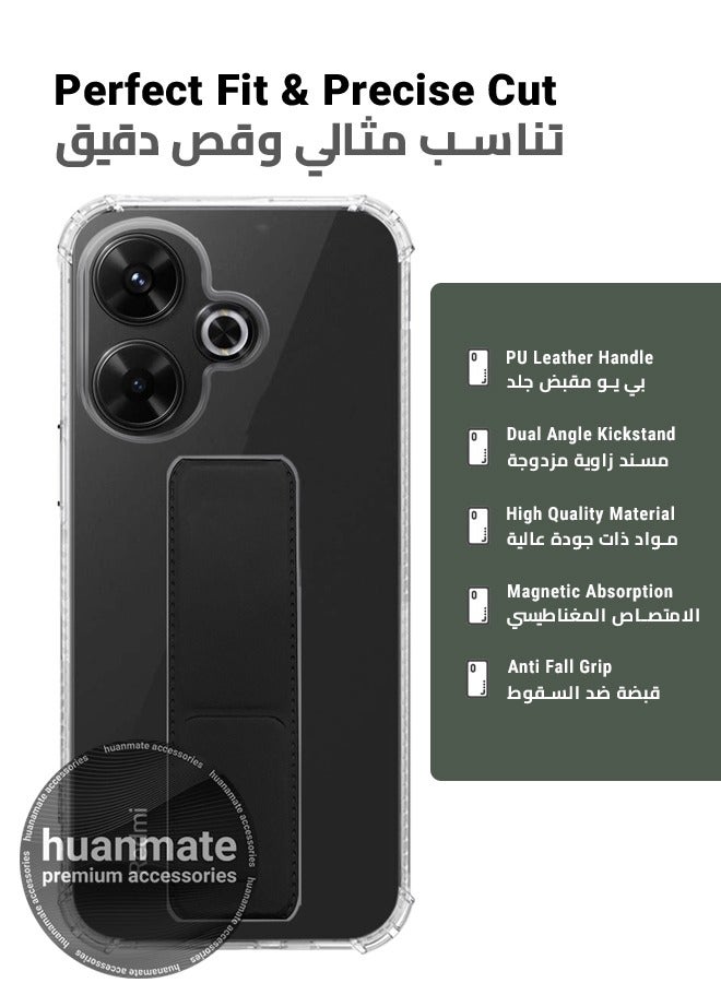 هووانميت حافظة لهاتف شاومي ريدمي 13، حافظة مغناطيسية ممتازة مع حامل مقبض يدوي ومسند - غطاء أنيق وعملي لقبضة معززة وراحة مطلقة وتجربة مشاهدة بدون استخدام اليدين - شفاف/أسود - Image 2