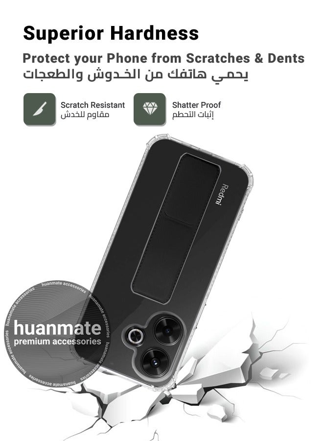 هووانميت حافظة لهاتف شاومي ريدمي 13، حافظة مغناطيسية ممتازة مع حامل مقبض يدوي ومسند - غطاء أنيق وعملي لقبضة معززة وراحة مطلقة وتجربة مشاهدة بدون استخدام اليدين - شفاف/أسود - Image 4