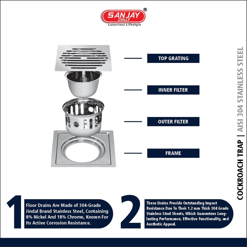 Sanjay Chilly Square Classic Golden Series Floor Drainer for Bathroom | Floor Drain with Cockroach Trap Luxurious Bathroom Gratings 304 Grade Stainless Steel Hair Catcher Drain Guard (5x5 INCHES) - Image 3