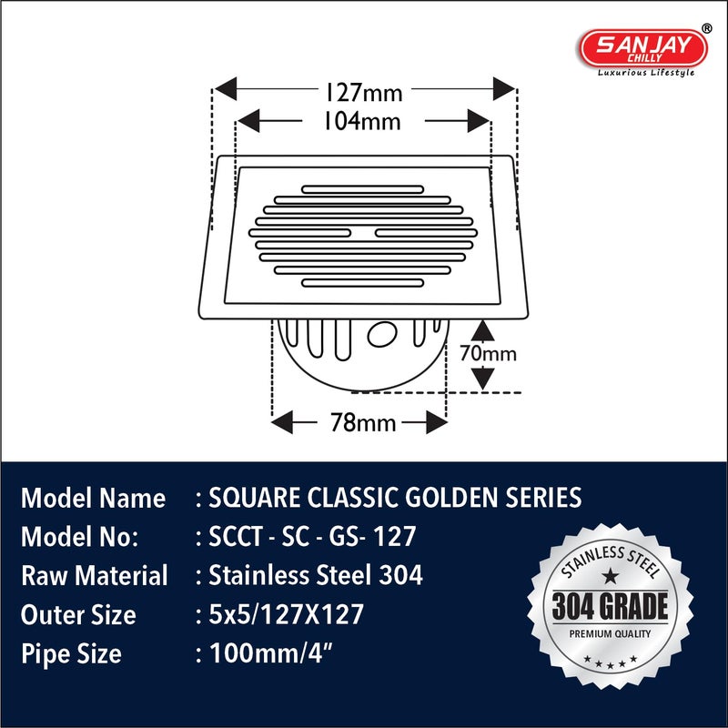 Sanjay Chilly Square Classic Golden Series Floor Drainer for Bathroom | Floor Drain with Cockroach Trap Luxurious Bathroom Gratings 304 Grade Stainless Steel Hair Catcher Drain Guard (5x5 INCHES) - Image 2