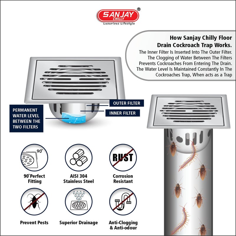 Sanjay Chilly Square Classic Golden Series Floor Drainer for Bathroom | Floor Drain with Cockroach Trap Luxurious Bathroom Gratings 304 Grade Stainless Steel Hair Catcher Drain Guard (5x5 INCHES) - Image 4