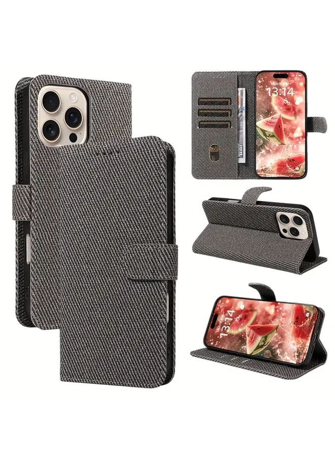 Black Faux Leather Flip Card Slot Shockproof Protective Case for iPhone 15 Plus - Image 1