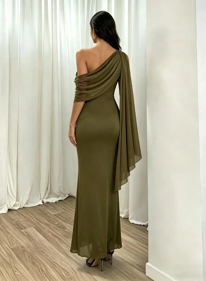 Take Two Olive One-Shoulder Draped Chiffon Maxi Dress