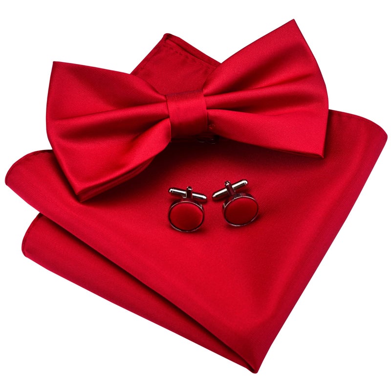 GUSLESON Red Bow Tie and Pocket Square Cufflink Set for Wedding Mens Solid Pre-tied Bow ties (0570-44) - Image 1