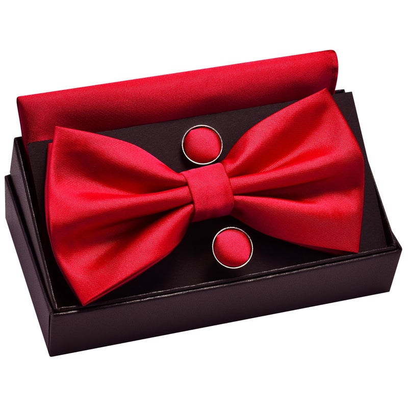 GUSLESON Red Bow Tie and Pocket Square Cufflink Set for Wedding Mens Solid Pre-tied Bow ties (0570-44) - Image 4