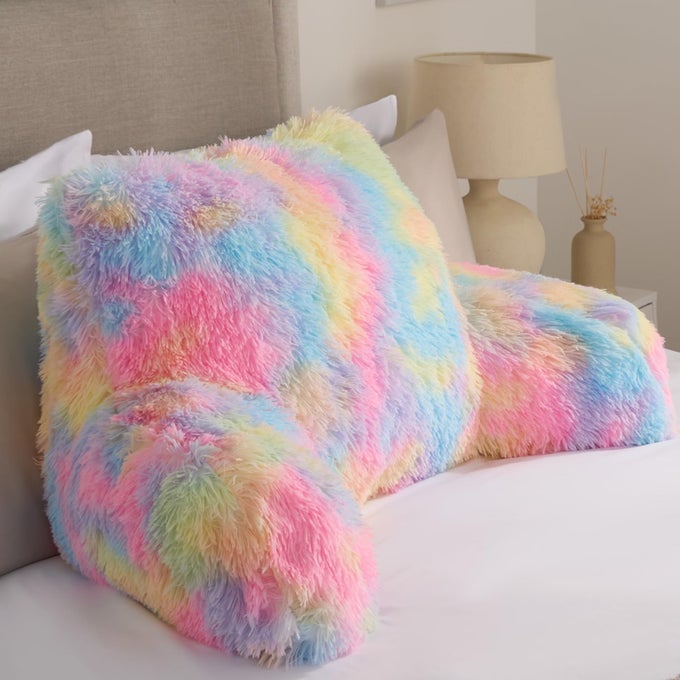 READING PILLOW FLUFFY CUDDLE CUSHION FOR KIDS ADULTS SUPER SOFT RELAXING LONG HAIR FLEECE GAMING PILLOW FOR BED SUPPORTIVE BACK REST FLUFFY TIEDYE 60 X 45 X 40CM