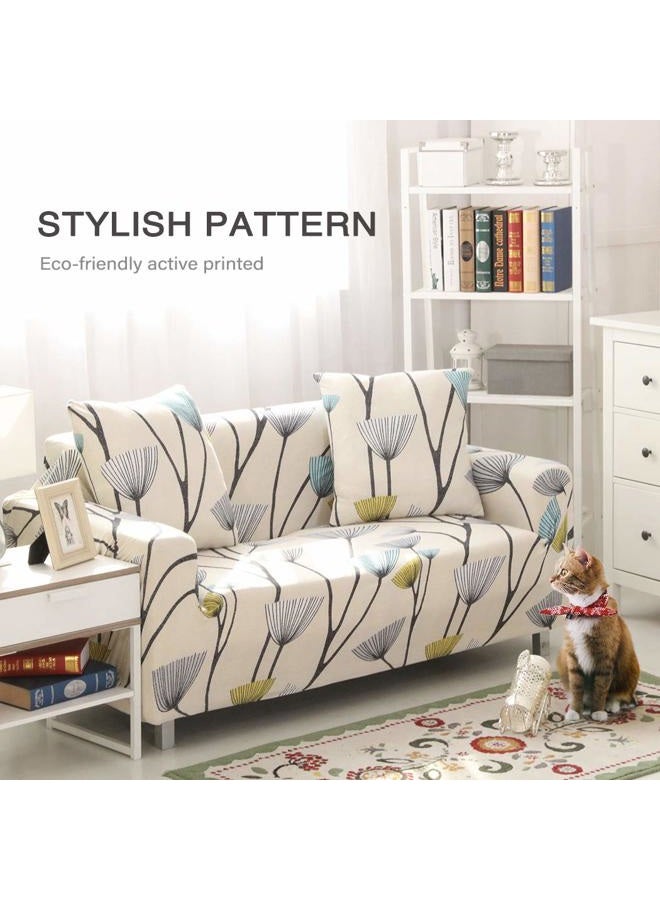Lamberia Printed Sofa Cover Stretch Couch Cover Sofa Slipcovers for 4 Cushion Couch with Two Free Pillow Case (Dandelion, Sofa 4 Seater), Beige - Image 2
