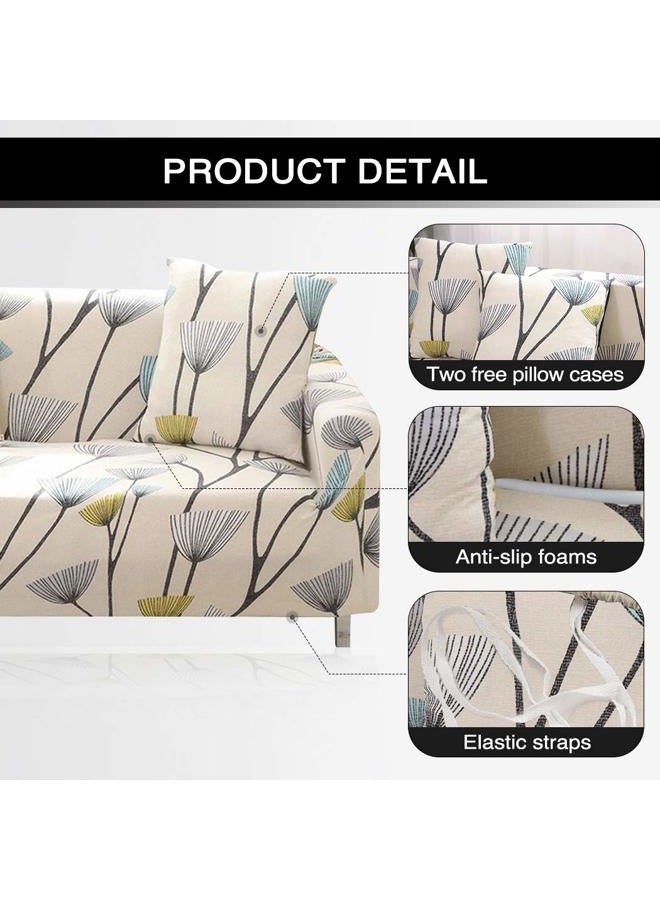 Lamberia Printed Sofa Cover Stretch Couch Cover Sofa Slipcovers for 4 Cushion Couch with Two Free Pillow Case (Dandelion, Sofa 4 Seater), Beige - Image 4