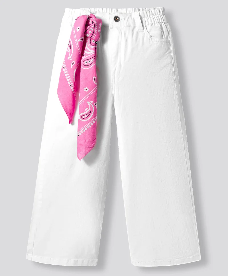 Primo Gino Primo Gino Cotton Lycra Woven Full Length Wide Leg Solid Jeans with Bandana-style Scarf - White