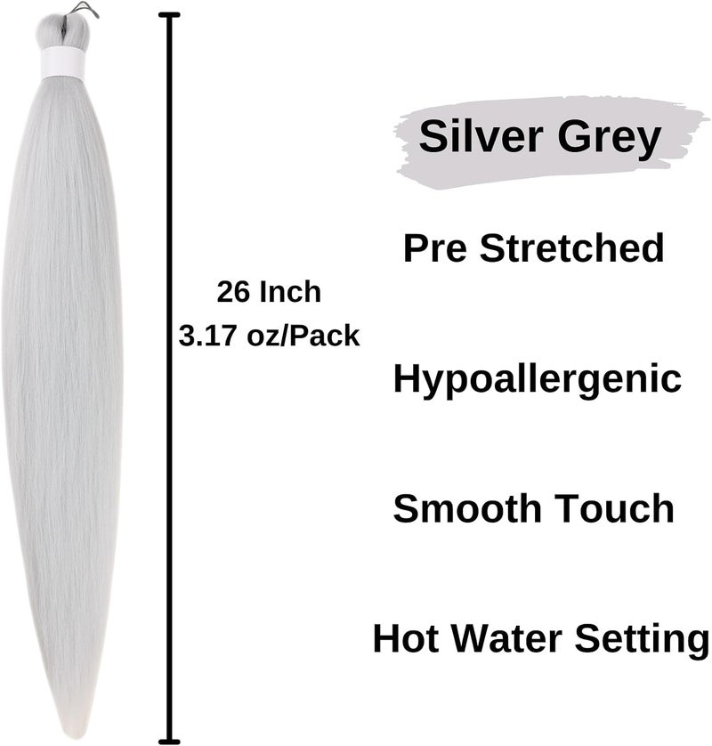 Leticia Silver Grey Braiding Hair Pre Stretched Crochet Boho Hair for Braiding Hypoallergenic Knotless Curly Deep Wave Braids for Black Women(26 inch,3Grey) - Image 2