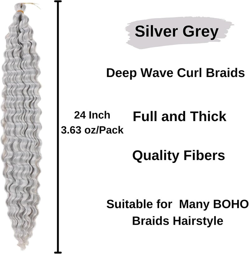 Leticia Silver Grey Braiding Hair Pre Stretched Crochet Boho Hair for Braiding Hypoallergenic Knotless Curly Deep Wave Braids for Black Women(26 inch,3Grey) - Image 3