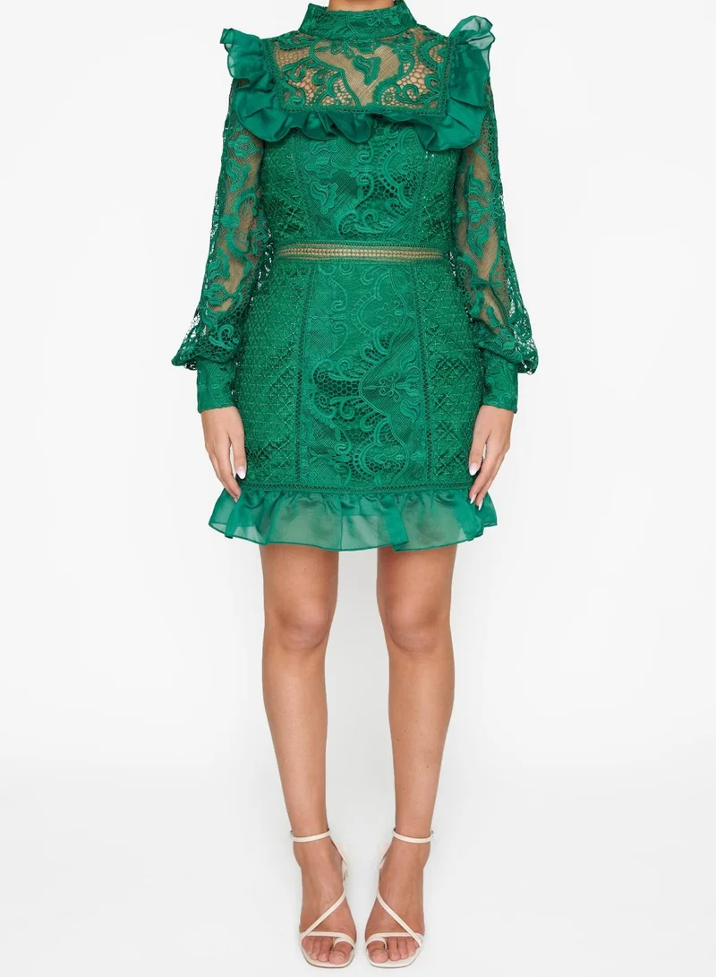 True Decadence Lorene Emerald Green Lace Long-Sleeve Mini-Dress