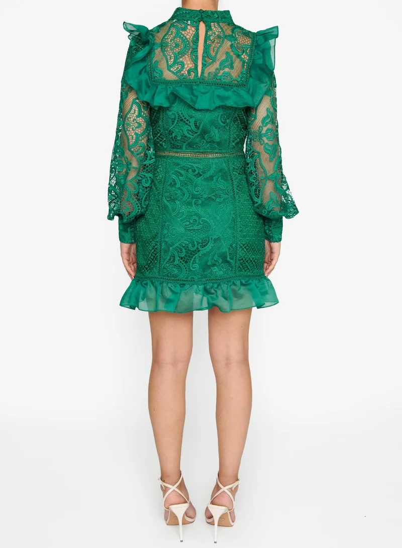 True Decadence Lorene Emerald Green Lace Long-Sleeve Mini-Dress