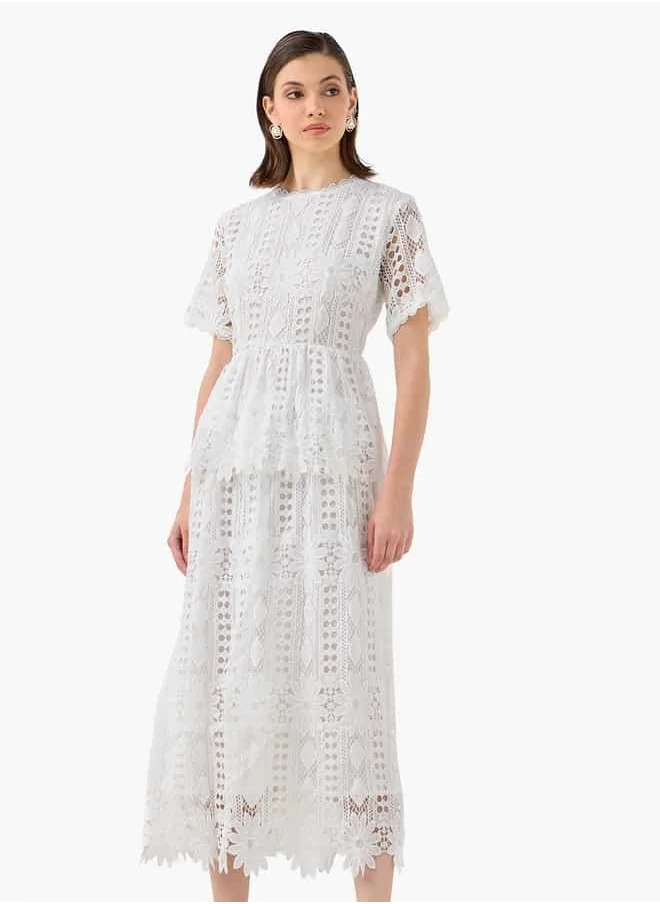 تواكستريمز 2Xtremz Lace Textured A-line Dress with Round Neck and Short Sleeves