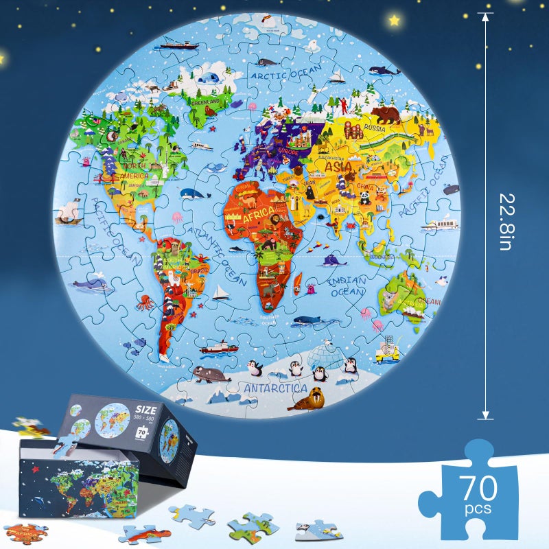 DIGOBAY World Map Jigsaw Puzzle for Kids 4-8, 70 Piece Large Round Floor Puzzles for Kids Ages Toddler Puzzle Globe Geography Games Educational Toys Birthday for Children - Image 2