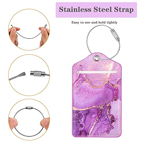Coco Rossi (Set of 2) Luggage Tag Leather Privacy Cover ID Label Address Card with Stainless Steel Loop, Travel Bag Tags Suitcase Labels,Purple Marble - Image 3