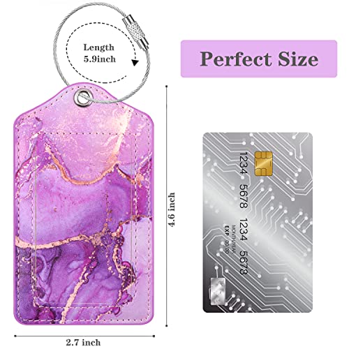 Coco Rossi (Set of 2) Luggage Tag Leather Privacy Cover ID Label Address Card with Stainless Steel Loop, Travel Bag Tags Suitcase Labels,Purple Marble - Image 2