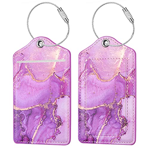 Coco Rossi (Set of 2) Luggage Tag Leather Privacy Cover ID Label Address Card with Stainless Steel Loop, Travel Bag Tags Suitcase Labels,Purple Marble - Image 1