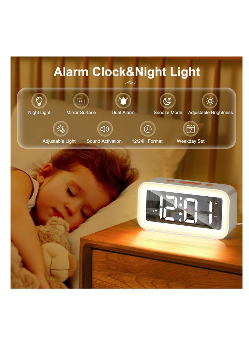 Digital Alarm Clock for Bedrooms, with LED Night Light, 0-100% Adjustable Brightness, Sound Activation u0026 Power-Off Memory, 12/24Hr, USB Port, for Kids Bedside, Home, Office (White) - Image 2