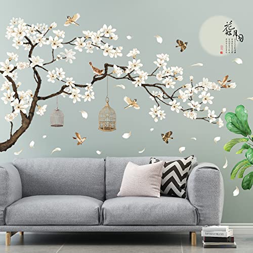 LiveGallery White Peach Blossm Flowers Wall Decals Removable DIY Tree Branches Birds Saying Art Decor Wall Stickers Murals for Living Room TV Background Kids Girls Rooms Bedroom 8 Sheets of 12"x18" - Image 2