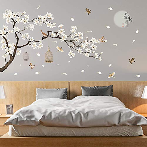 LiveGallery White Peach Blossm Flowers Wall Decals Removable DIY Tree Branches Birds Saying Art Decor Wall Stickers Murals for Living Room TV Background Kids Girls Rooms Bedroom 8 Sheets of 12"x18" - Image 1