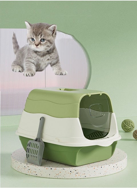 Cat Litter Box with Lid Enclosed Cat Toilet Removable Sandbox Kitty Litter Tray with Front Door Pet Accessories for Small Cat (Green)