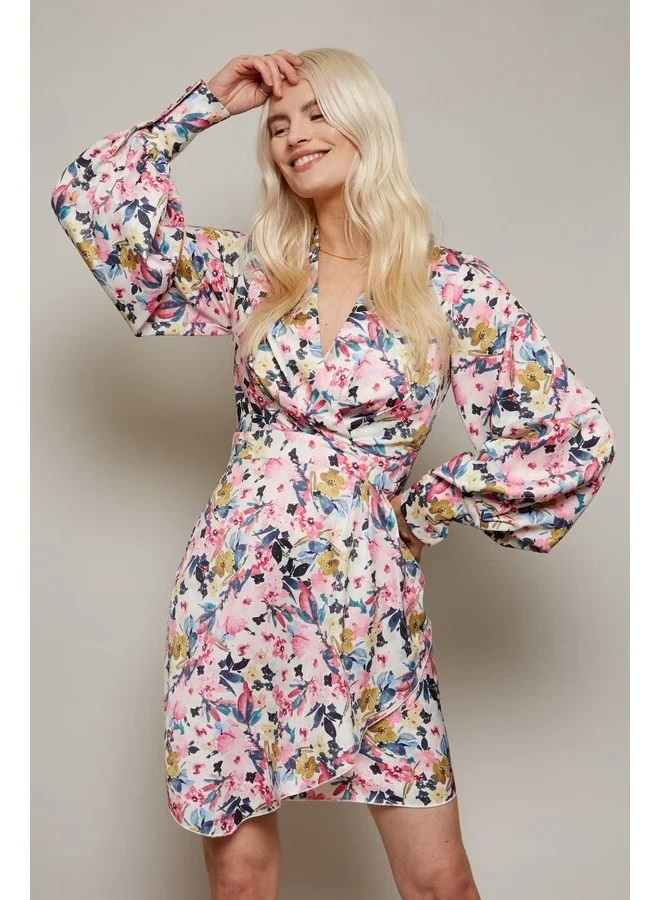Little Mistress Little Mistress Satin Floral Wrap Dress