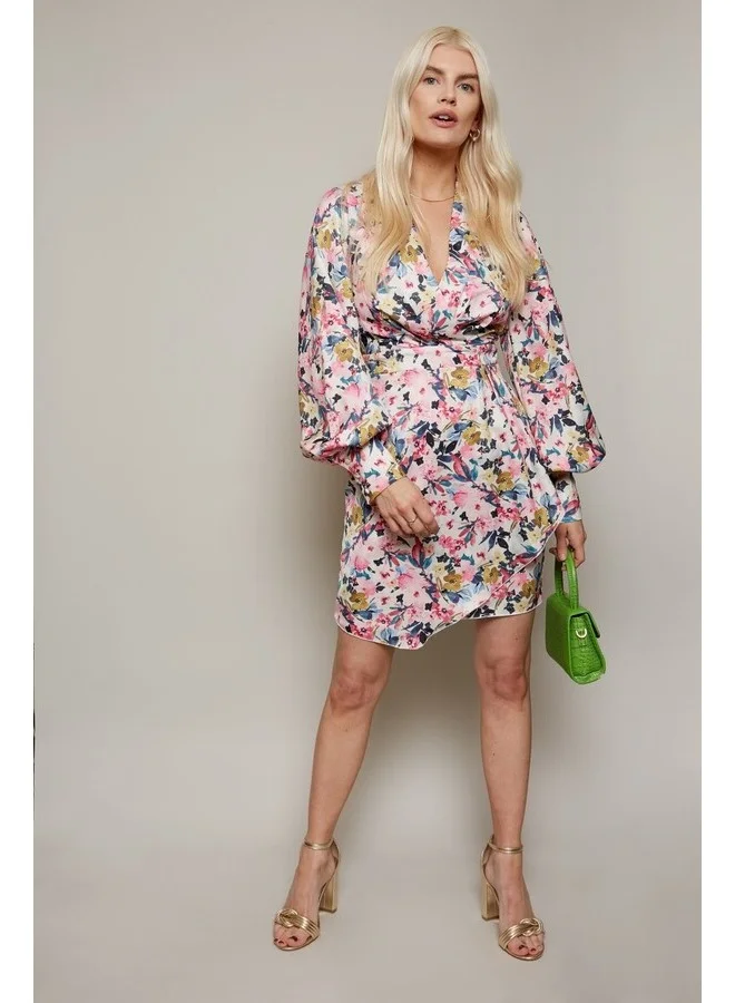 Little Mistress Little Mistress Satin Floral Wrap Dress