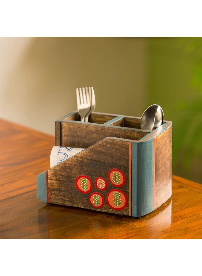 ExclusiveLane 'Desert Staircase' Hand-Painted Cutlery Holder In Mango Wood (3 Partitions) - Spoon Stand Holder For Dining Table Tissue Holder Wooden Cutlery Stand For Kitchen Multipurpose Cutlery Box - Image 1