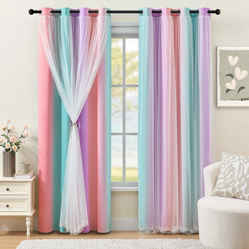 XiDi Blackout Curtains for Girls Kids Bedroom 63 Inches Long 2 Panels Thermal Insulated Colorful Rainbow Pink Curtains with Sheer Overlay Unicorn Wall Decor Princess Drapes Pink Purple Green 34Wx63L - Image 2