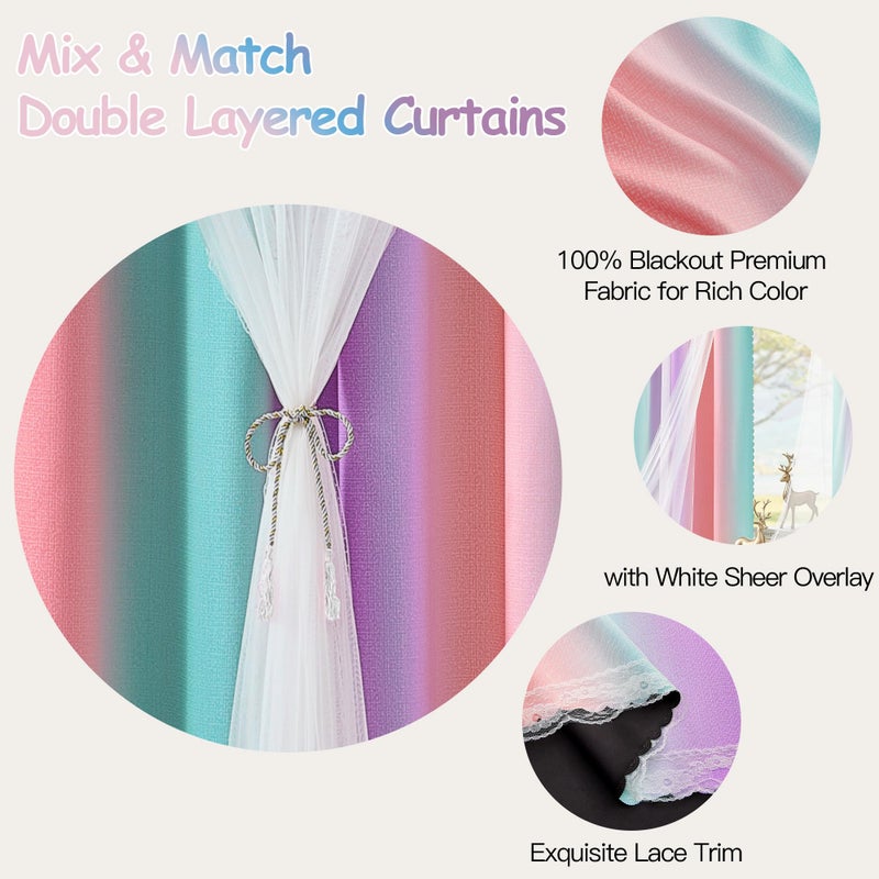 XiDi Blackout Curtains for Girls Kids Bedroom 63 Inches Long 2 Panels Thermal Insulated Colorful Rainbow Pink Curtains with Sheer Overlay Unicorn Wall Decor Princess Drapes Pink Purple Green 34Wx63L - Image 4