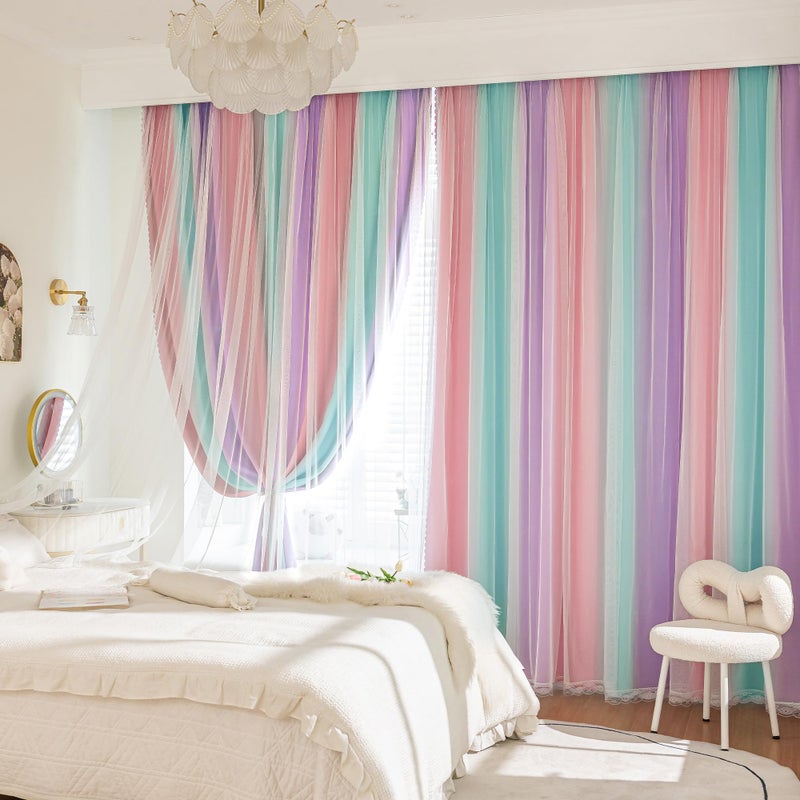 XiDi Blackout Curtains for Girls Kids Bedroom 63 Inches Long 2 Panels Thermal Insulated Colorful Rainbow Pink Curtains with Sheer Overlay Unicorn Wall Decor Princess Drapes Pink Purple Green 34Wx63L - Image 1