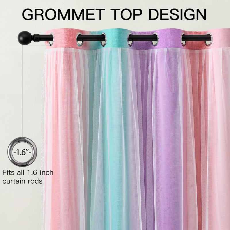 XiDi Blackout Curtains for Girls Kids Bedroom 63 Inches Long 2 Panels Thermal Insulated Colorful Rainbow Pink Curtains with Sheer Overlay Unicorn Wall Decor Princess Drapes Pink Purple Green 34Wx63L - Image 5
