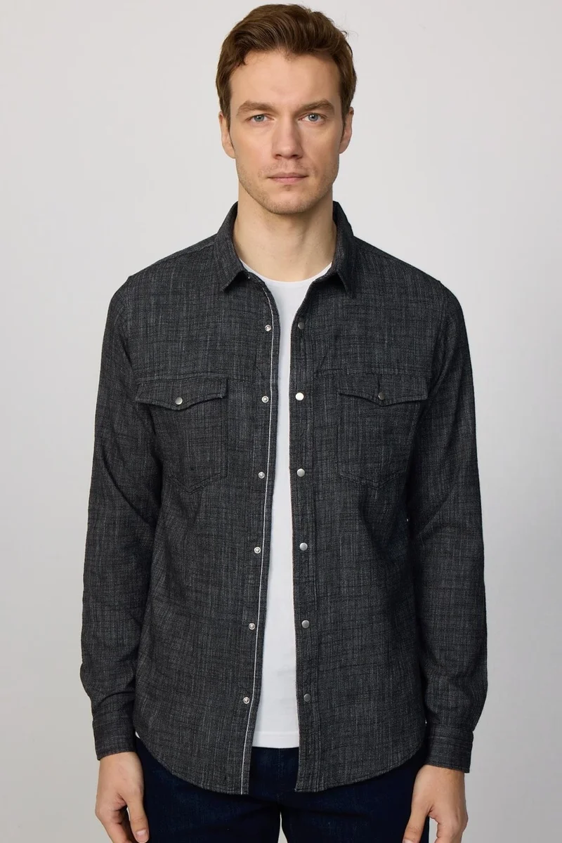 تودورس Slim Fit Slim Fit Cotton Double Pocket Snap Fastener Plain Summer Black Men's Shirt