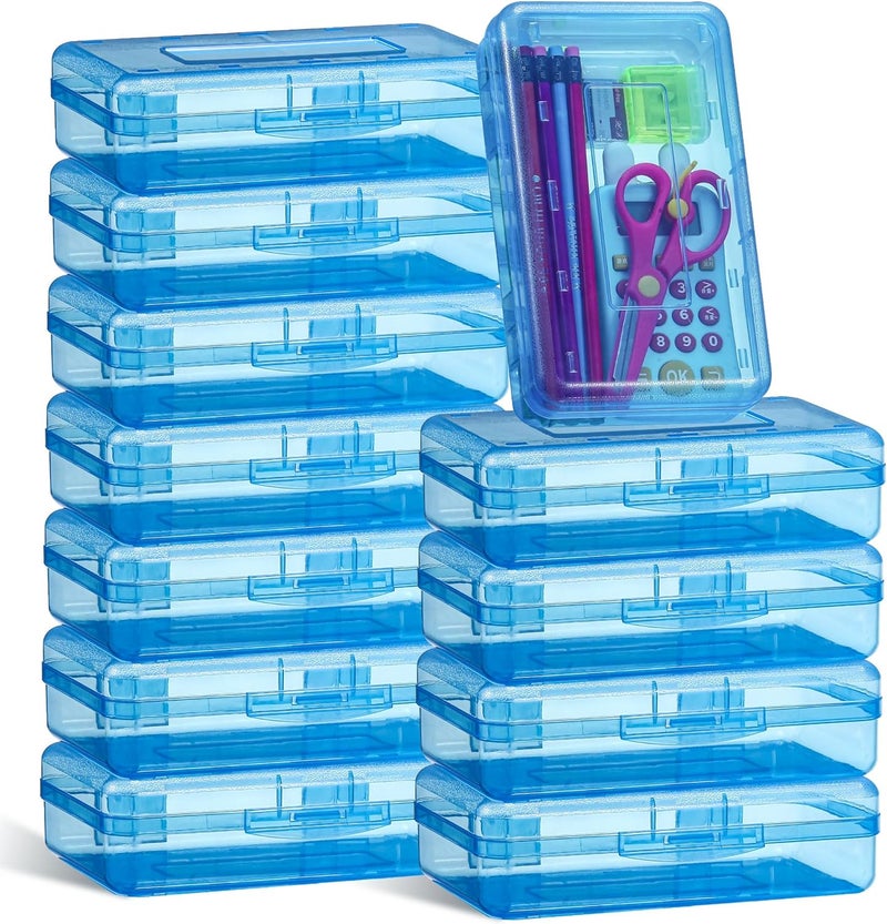 Leelosp 12 Pack Clear Pencil Boxes for School Bulk, Large Plastic Pencil Case with Lid, Stackable Hard Crayon Storage Box for Classroom Kids, Desk Drawer Organizer for Office Home(Blue) - Image 1