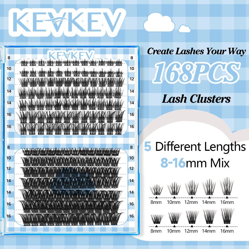 KevKev Lash Clusters 168 Pcs Cluster Lashes DIY Lash Extensions Mixed Styles Individual Lashes Eyelash Clusters Thin Band & Soft Lashes that Look Like Eyelash Extensions(Cloudy & Cirrus, D-8-16mix) - Image 2