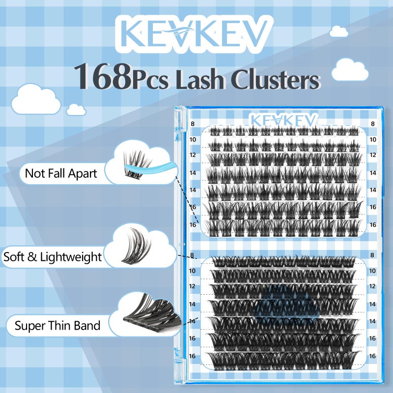 KevKev Lash Clusters 168 Pcs Cluster Lashes DIY Lash Extensions Mixed Styles Individual Lashes Eyelash Clusters Thin Band & Soft Lashes that Look Like Eyelash Extensions(Cloudy & Cirrus, D-8-16mix) - Image 3