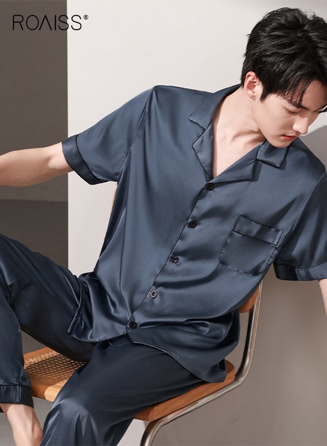 رويس بيجامة صيفية للرجال ذات ياقة رفيعة قابلة للتهوية وأزرار أمامية، مكونة من 3 قطع بأكمام قصيرة وبنطال طويل ومجموعة بيجامات قصيرة، طقم ملابس مريحة غير رسمية بخصر مطاطي - Image 4