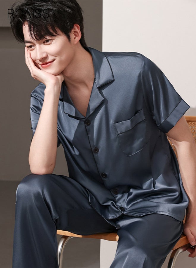 رويس بيجامة صيفية للرجال ذات ياقة رفيعة قابلة للتهوية وأزرار أمامية، مكونة من 3 قطع بأكمام قصيرة وبنطال طويل ومجموعة بيجامات قصيرة، طقم ملابس مريحة غير رسمية بخصر مطاطي - Image 3