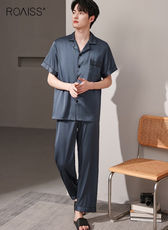 رويس بيجامة صيفية للرجال ذات ياقة رفيعة قابلة للتهوية وأزرار أمامية، مكونة من 3 قطع بأكمام قصيرة وبنطال طويل ومجموعة بيجامات قصيرة، طقم ملابس مريحة غير رسمية بخصر مطاطي - Image 1