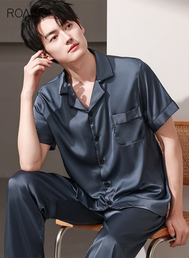 رويس بيجامة صيفية للرجال ذات ياقة رفيعة قابلة للتهوية وأزرار أمامية، مكونة من 3 قطع بأكمام قصيرة وبنطال طويل ومجموعة بيجامات قصيرة، طقم ملابس مريحة غير رسمية بخصر مطاطي - Image 2