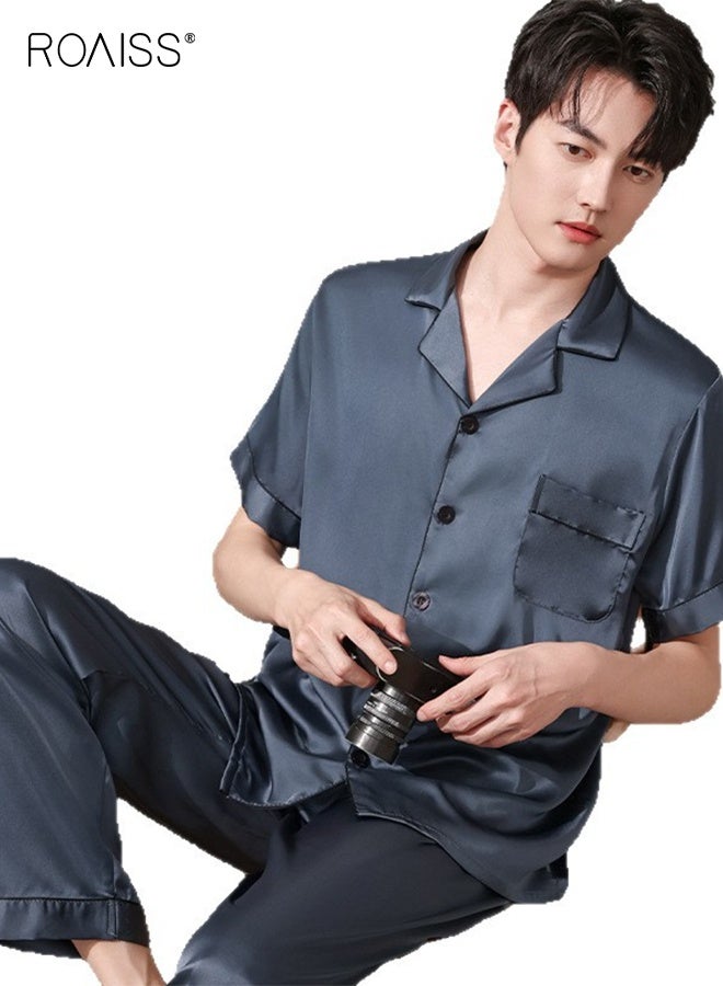 رويس بيجامة صيفية للرجال ذات ياقة رفيعة قابلة للتهوية وأزرار أمامية، مكونة من 3 قطع بأكمام قصيرة وبنطال طويل ومجموعة بيجامات قصيرة، طقم ملابس مريحة غير رسمية بخصر مطاطي - Image 5